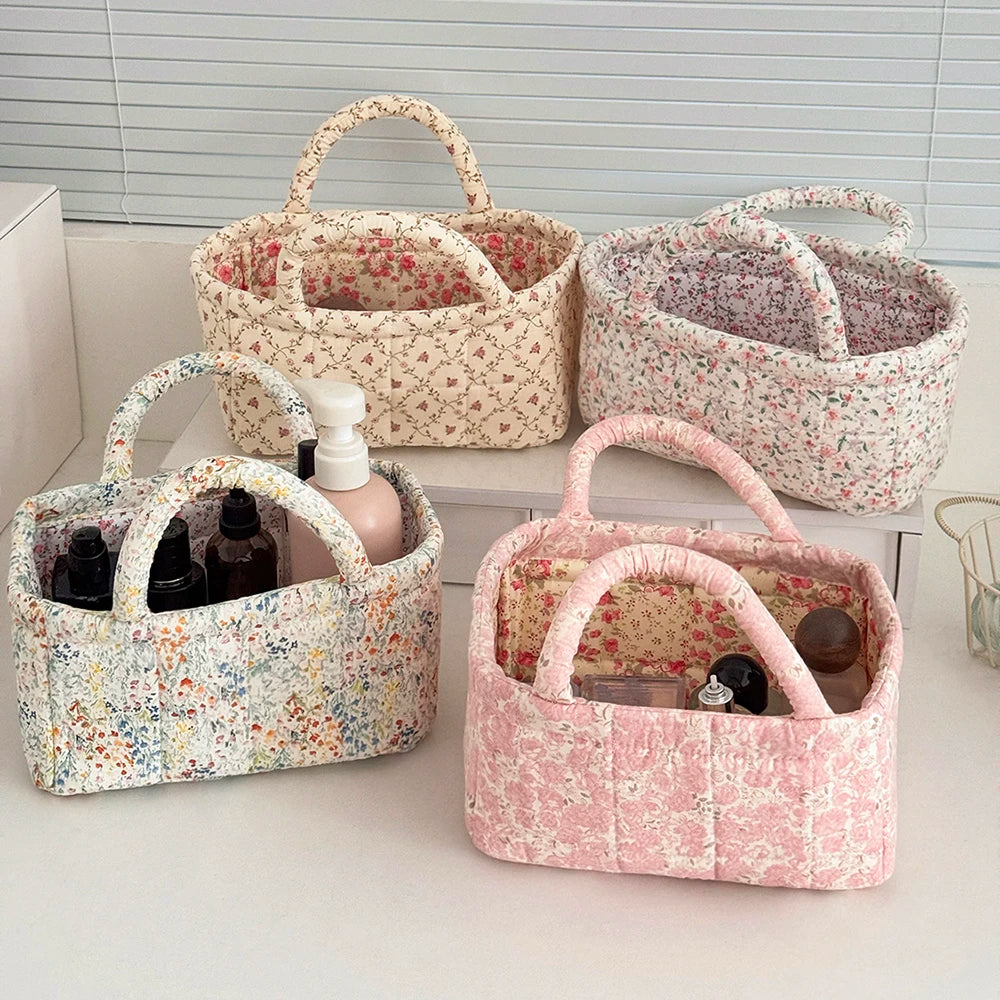 Airfriend Cute Pink Flower Organizers Basket With Handle Home Room Quilted Foldable Storage Basket For Pet Toys Organizer Basket