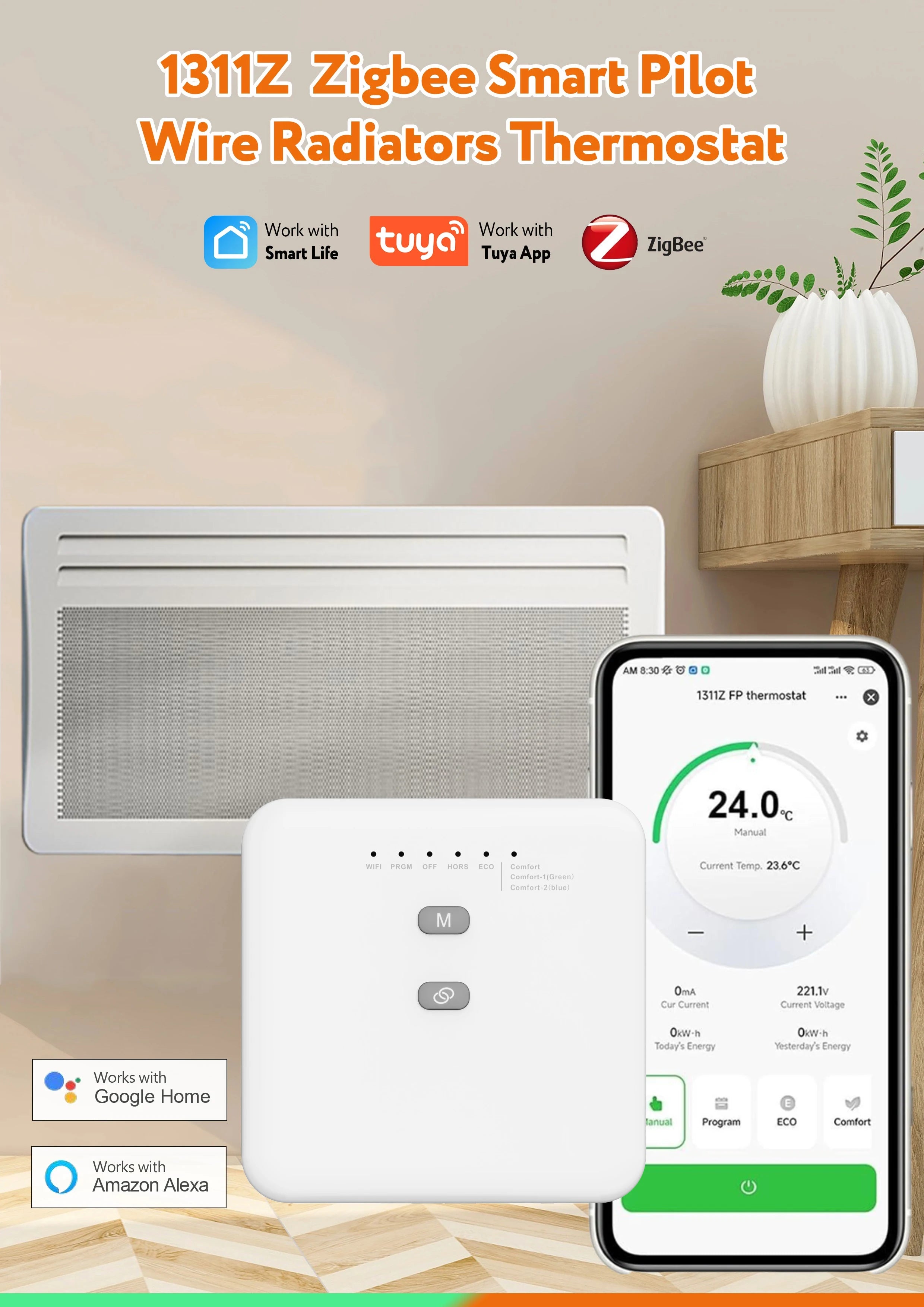 Tuya ZigBee Smart Thermostat For Pilot Wire Heating Radiator Support Ecowatt Electricity Monitoring Remote Control Alexa Google
