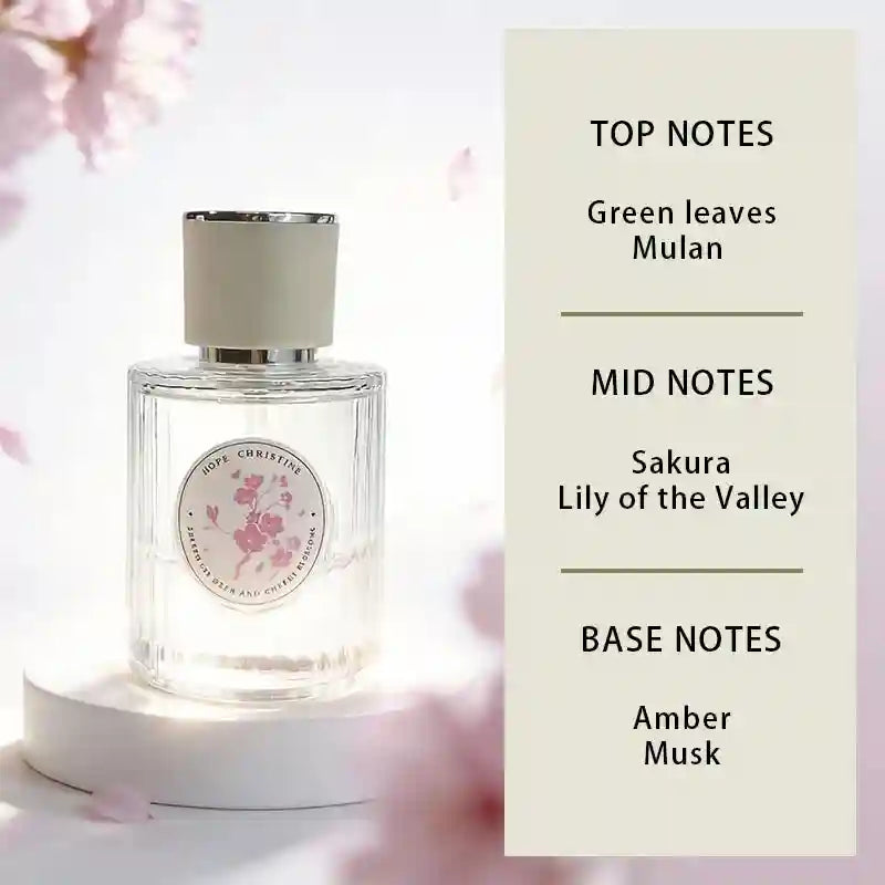 Hope Christine Cherry Blossom perfume for women, long-lasting floral scent, ribbed bottle, notes: Sakura, lily, musk.