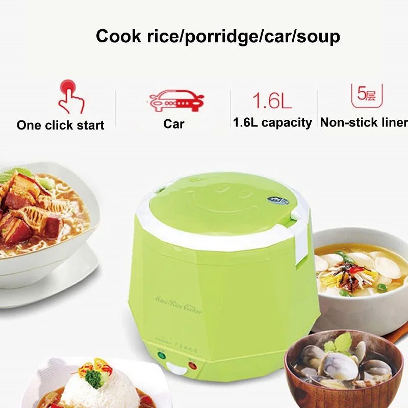 Portable 1.6L car rice cooker, lime green outer body with white lid and side food bowls