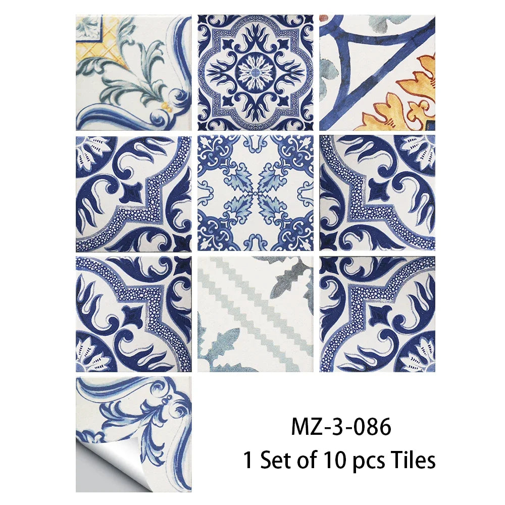 Waterproof non-slip tile floor sticker set with blue floral and geometric corner patterns
