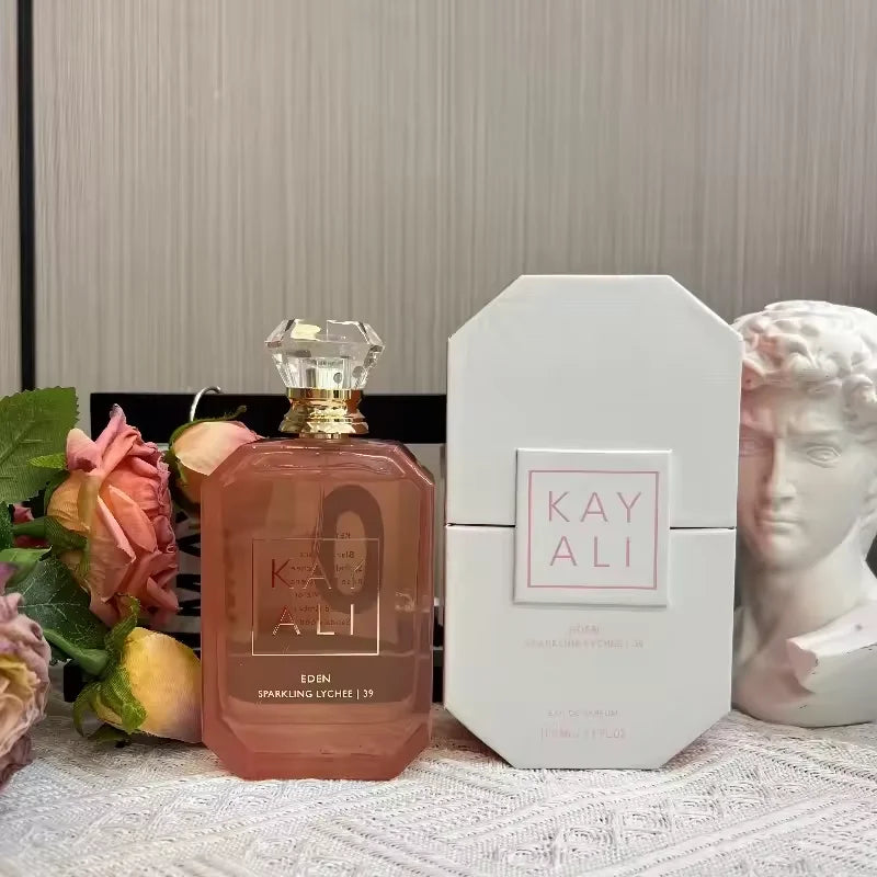 Kayali Eden Sparkling Lychee 39 EDP: 100ml floral fruity woody luxury perfume in signature gem-cut glass bottle.