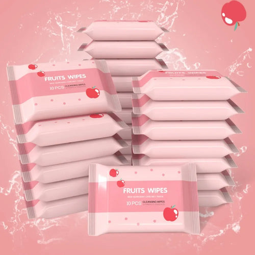 Stack of Fruits Wipes 10-count baby care cleansing wet tissues with vitamin E in pink apple-themed packaging.