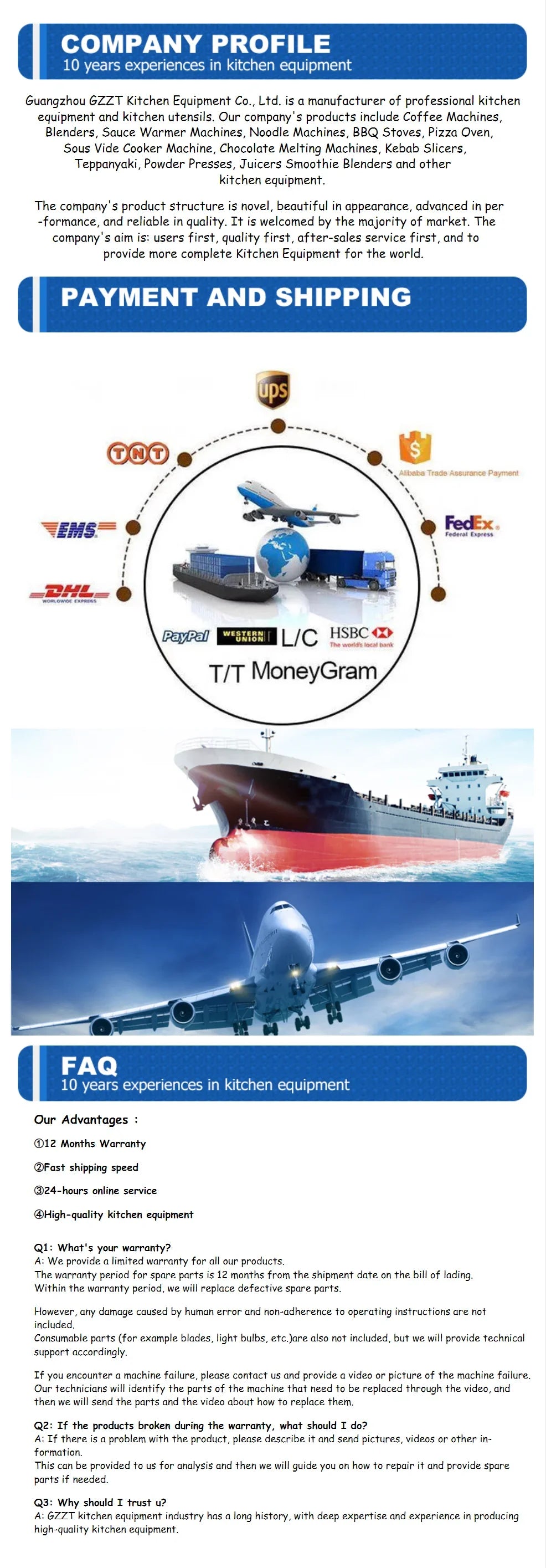 GZZT Kitchen Equipment company profile showing global shipping logistics for professional coffee machines and appliances.