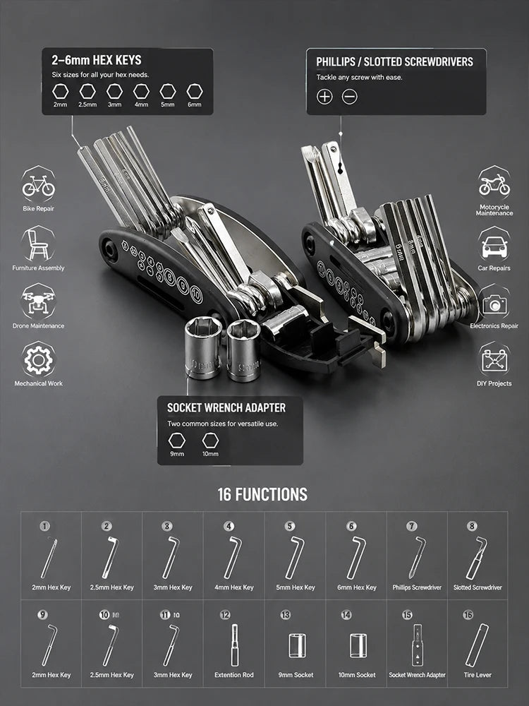 16 in 1 Folding Multi Tool Set Combination Screwdriver with Hex Keys for Motorcycle E-Bike Bicycle Repair
