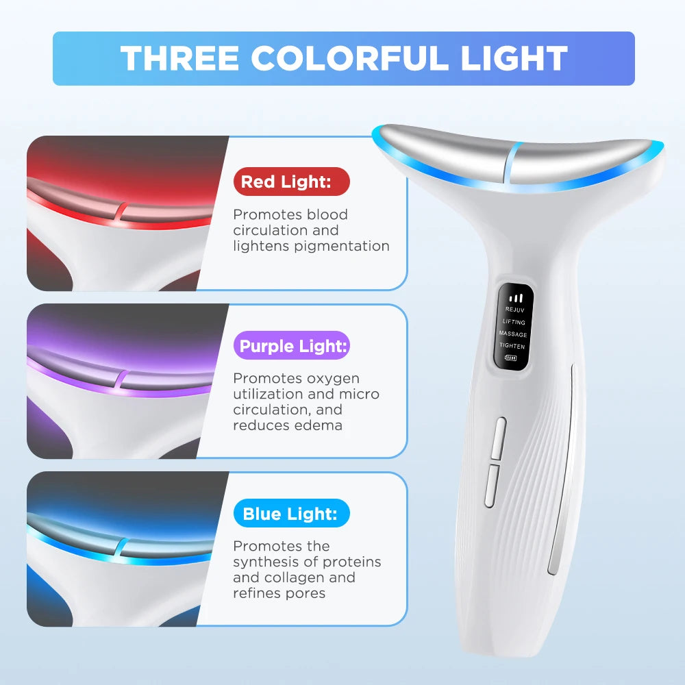 White EMS face and neck massager with 3 LED light modes (red, purple, blue) and adjustable vibration settings.