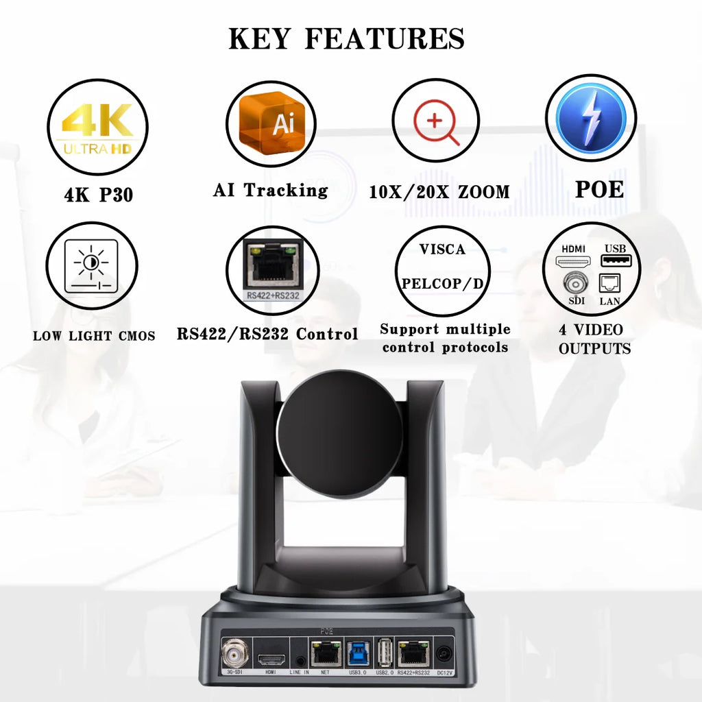 NDI/SDI 4K PTZ Camera 10X 20X Zoom Video Conference Live Streaming HDMI USB IP POE 1080P for Church NetMeeting Broadcast Youtube