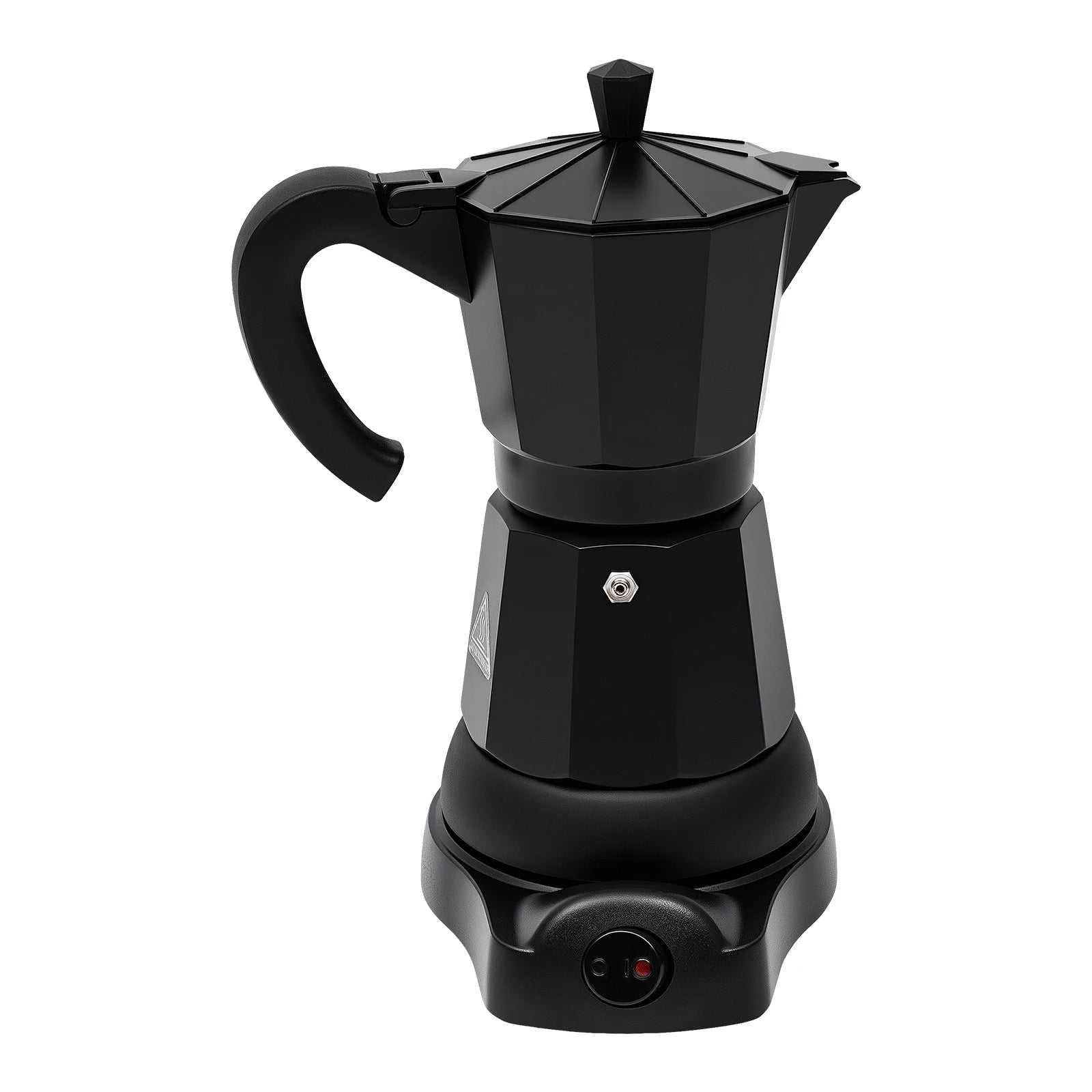 Matte black electric moka pot espresso maker with heating base and ergonomic handle on white background.