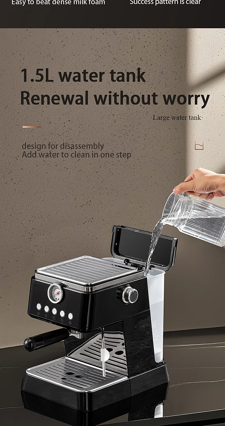 Black espresso machine with 1.5L removable water tank and pressure gauge for home coffee brewing.
