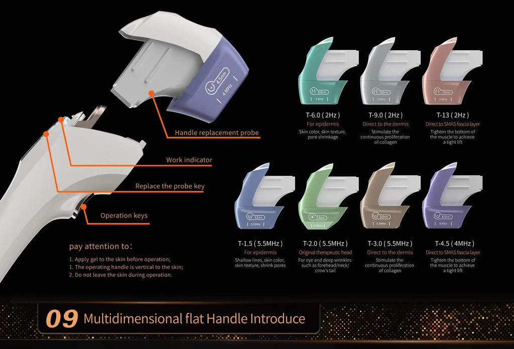12D facial and body skin firming machine with interchangeable colorful probes for anti-aging and rejuvenation therapy.