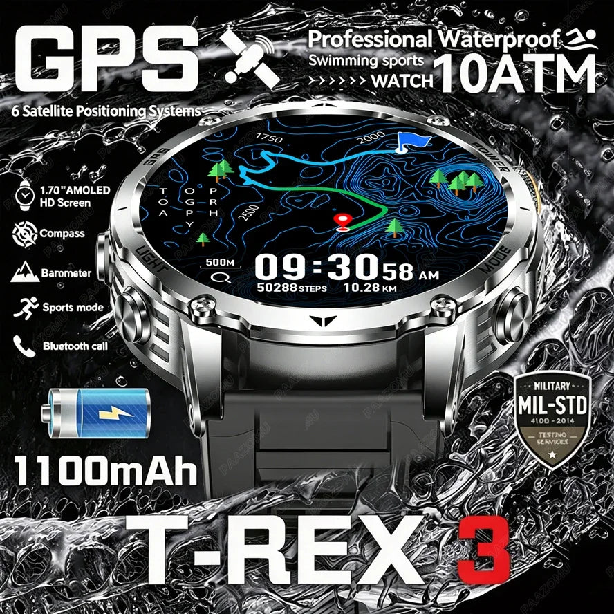T-Rex 3 Military Grade 1100mAh Battery Smart Watch 10ATM Waterproof GPS Compass Altimeter Call AMOLED Men Swim Sports Smartwatch