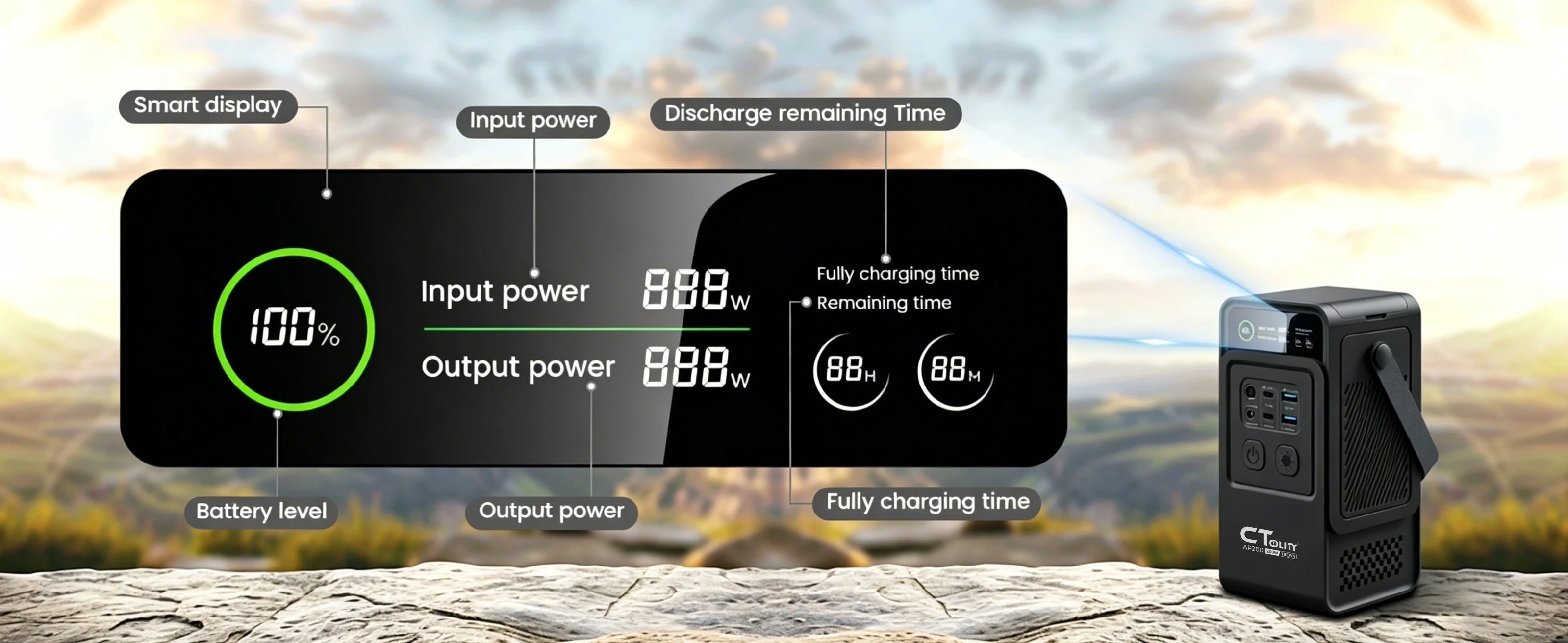 CTOLITY AP200 Handheld Portable Solar Generator 200W 192Wh Lifepo4 Battery 60000mAh Power Bank Camping 140W Ultra Fast Charging DC Charger