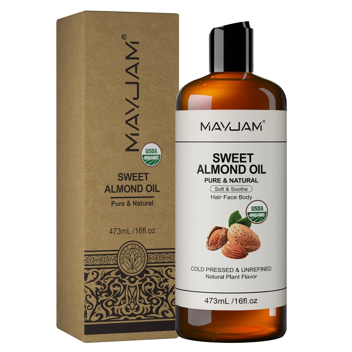 Sweet almond oil bottle with cardboard box, 473mL, pure & natural, cold-pressed