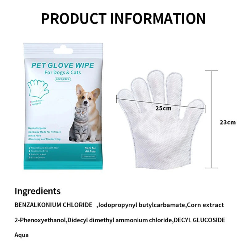 6pcs rinse-free pet glove wipes for dogs and cats. White, hypoallergenic cleaning gloves for easy deodorizing bath.