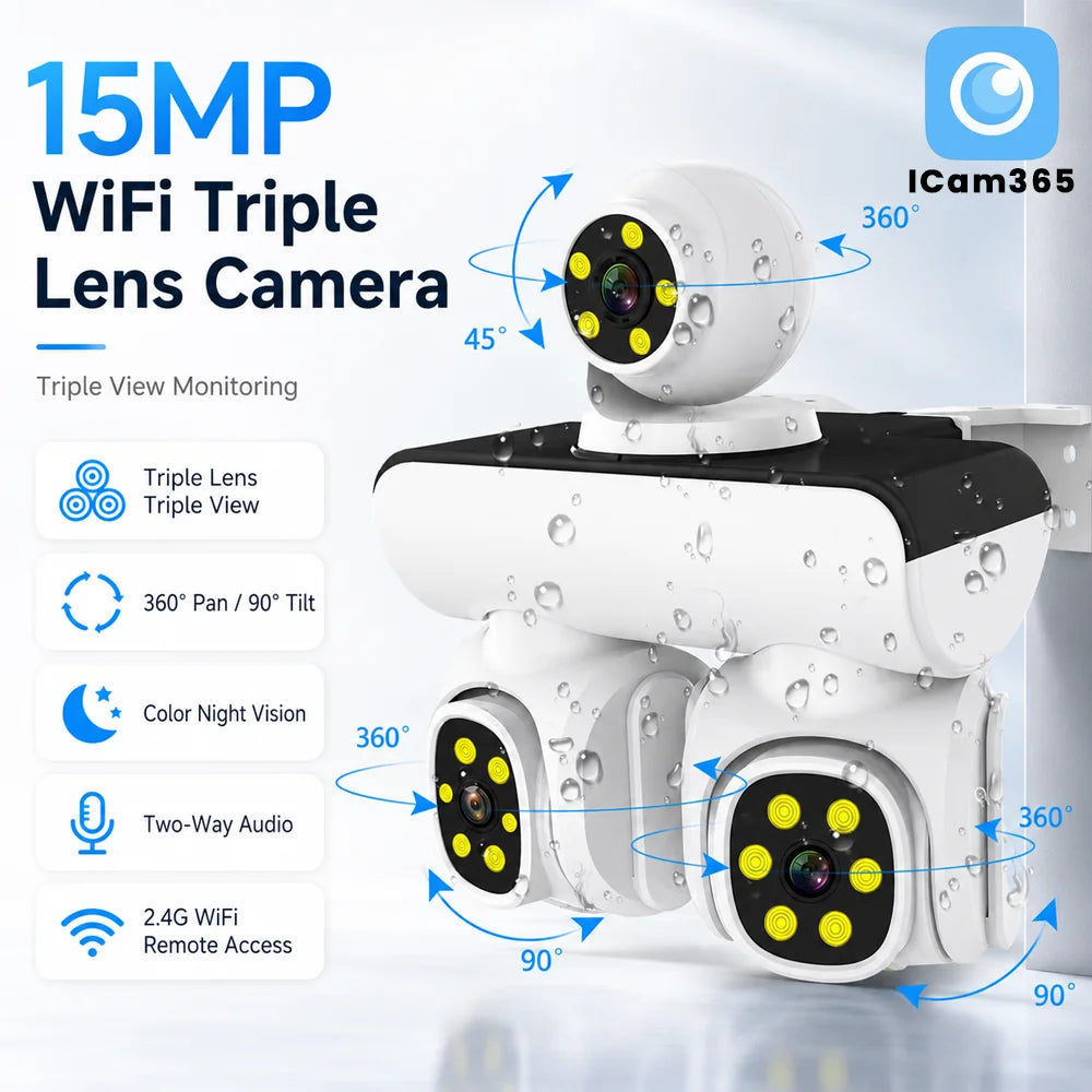 15MP Wireless Three Lens Three Screen Outdoor ICam365 APP PTZ IP Camera Surveillance Camera With Auto Tracking