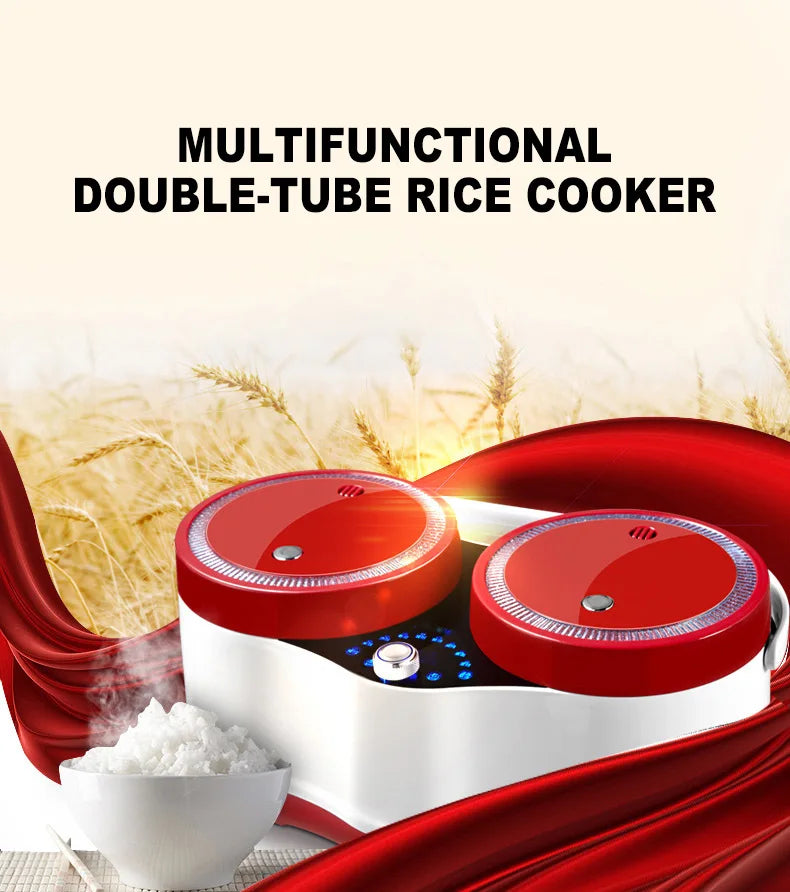 Red double-tube electric rice cooker with two round red lids and white body