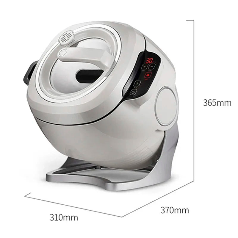 White 6L cooking machine with non-stick pot; front view with size indicators
