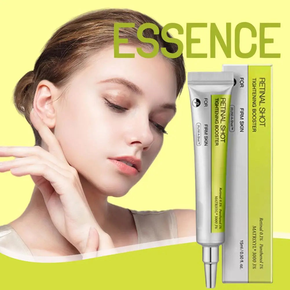 Retinol Shot face serum tube and box in silver and bright lime green, shown next to a woman with smooth skin.