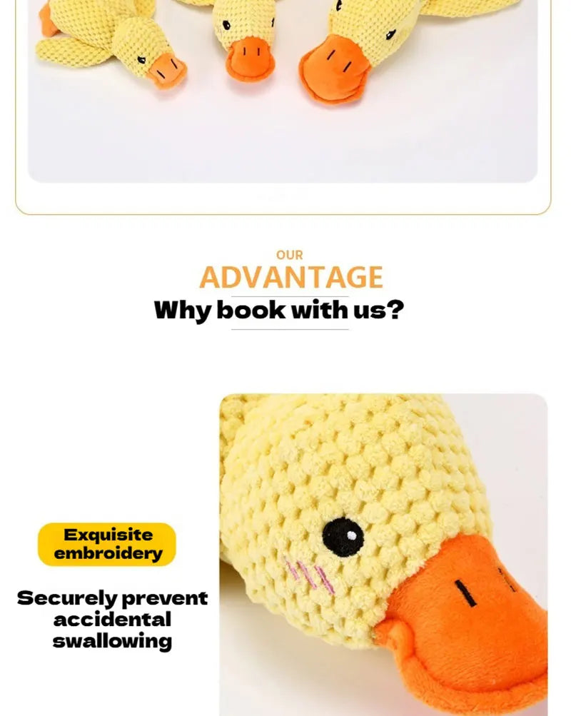 Bite-resistant yellow duck plush dog toy for interactive play, teething relief, and pet boredom.