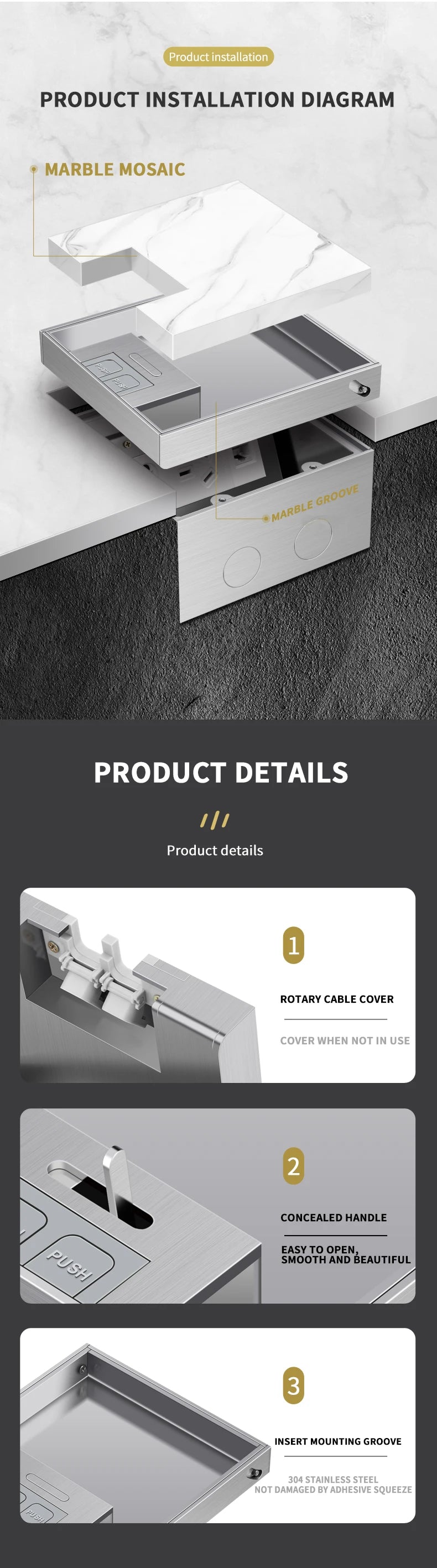 Wholesale Flat Floor Hidden Socket EU Socket Outlets Embedded Electrical Stainless Steel Marble Floor Socket Box