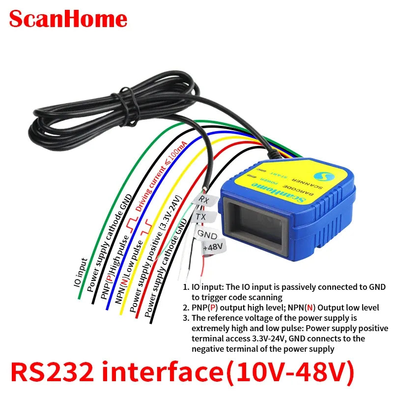 Blue fixed-mount barcode scanner module with LCD window and connected wiring harness