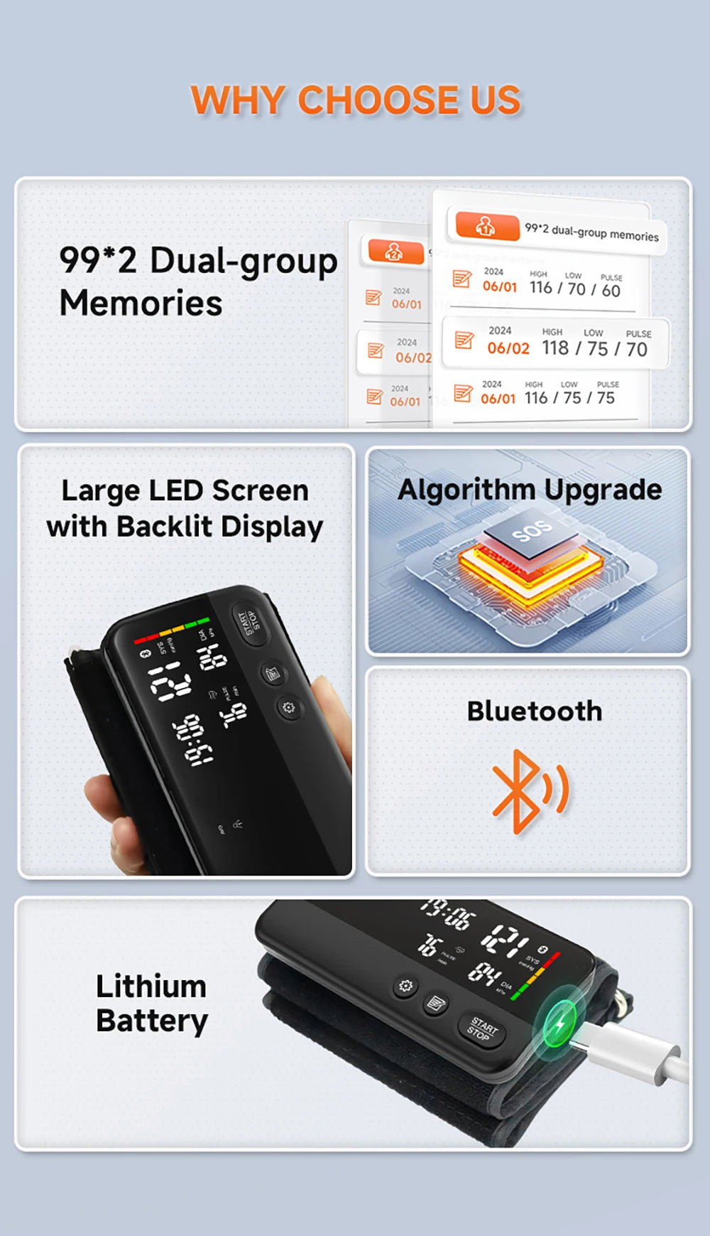 Bluetooth Digital Blood Pressure Monitor Supports English, Spanish LCD Display, Rechargeable Upper Arm Blood Pressure Monitor