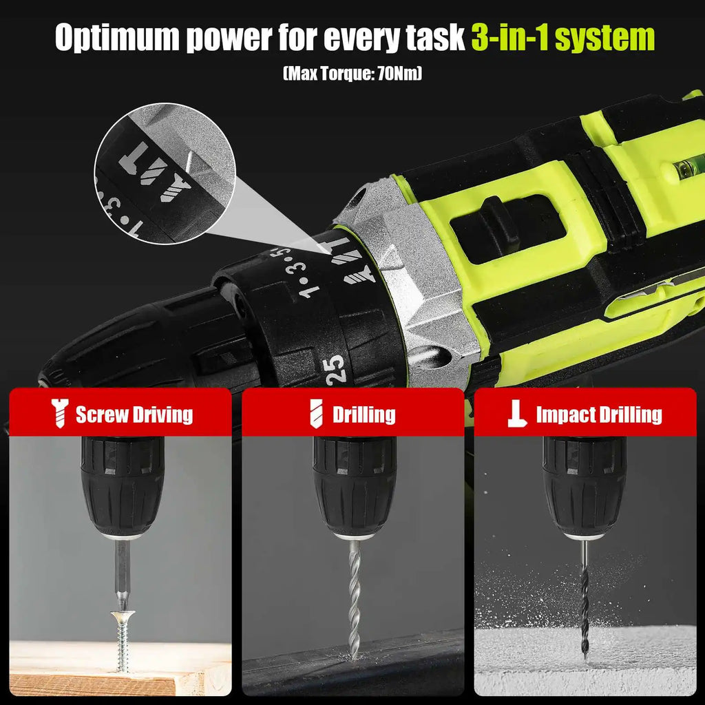 28V Cordless Impact Drill Screwdriver 1350rpm High Speed, Rechargeable Household Power Tool Complete with Matching Drill Bits Set