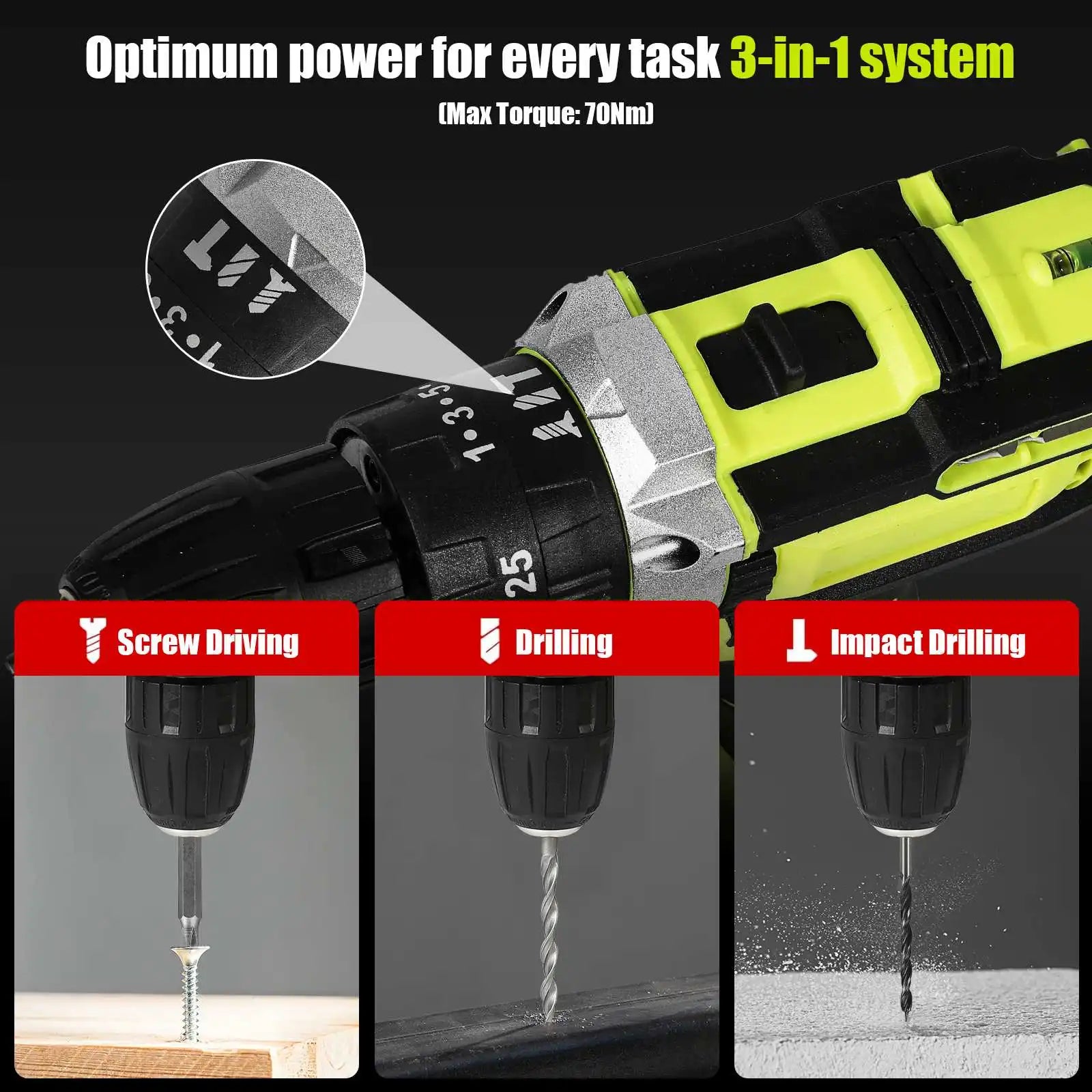 28V Cordless Impact Drill Screwdriver 1350rpm High Speed, Rechargeable Household Power Tool Complete with Matching Drill Bits Set