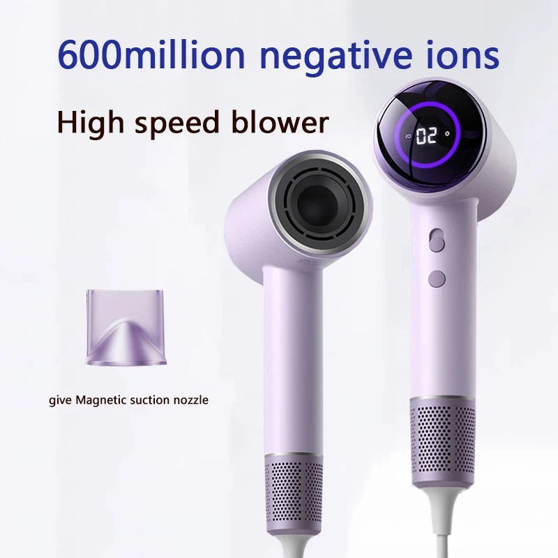 Lavender high-speed ionic hair dryer with LED display, 1600W power, and magnetic nozzle for fast, smooth styling.