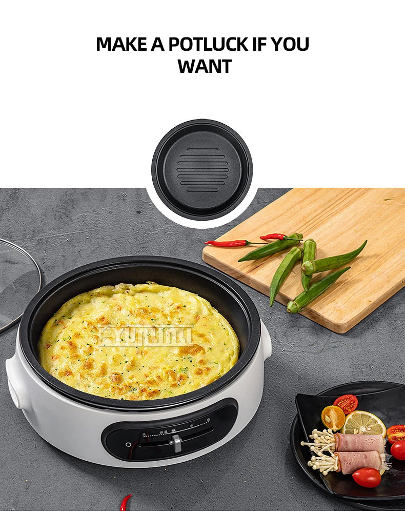 Portable electric multi-cooker with lid over baked dish in dark nonstick pan