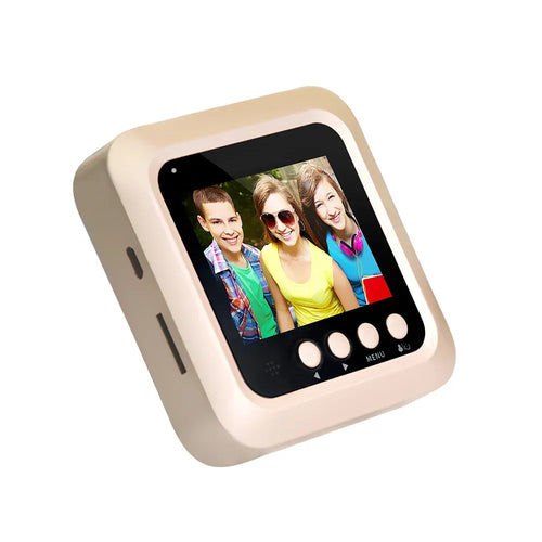 Gold mini security camera monitor with built-in screen and matching round outdoor camera