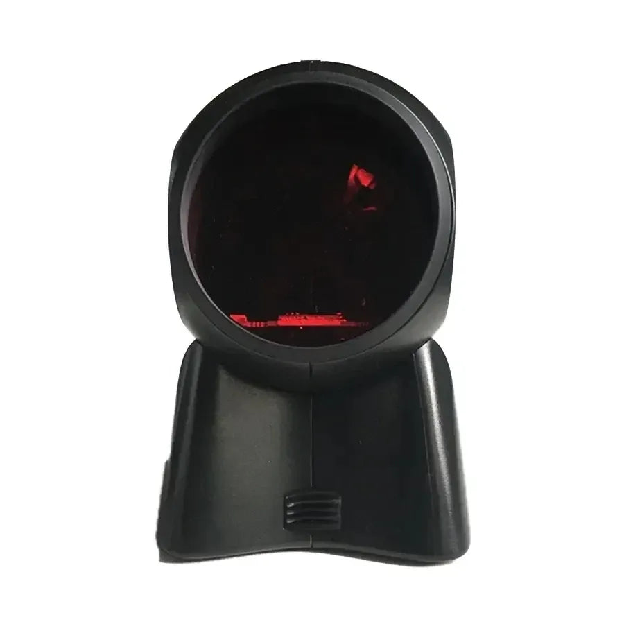 Used handheld barcode scanner with red laser window, black cradle base