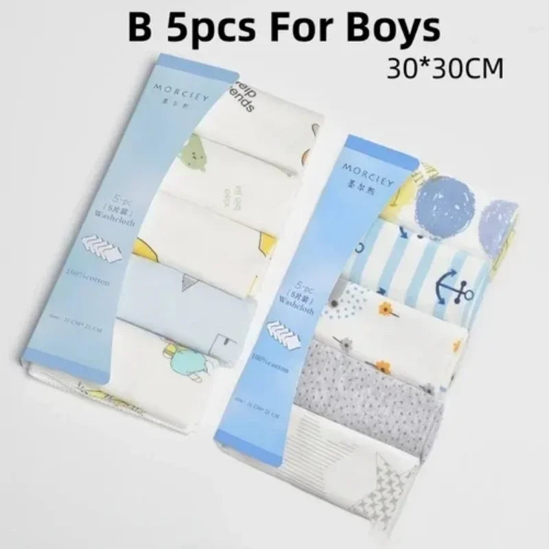 Morciey 5-pack baby washcloths, 30x30cm, 100% cotton, soft blue anchor and nautical designs for boys.