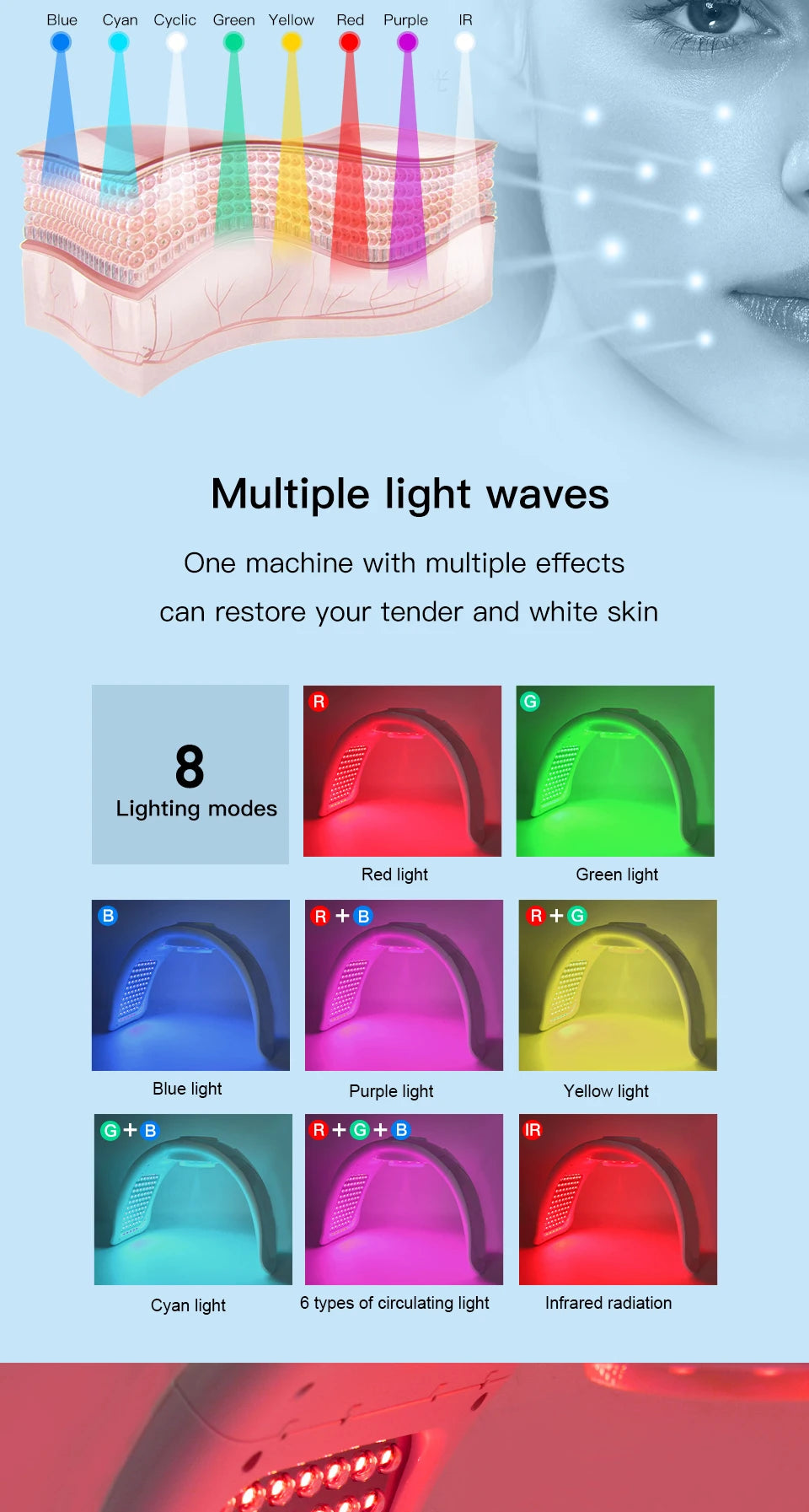 8-color LED light therapy face mask device for skin rejuvenation, whitening, and home facial cleaning treatment.