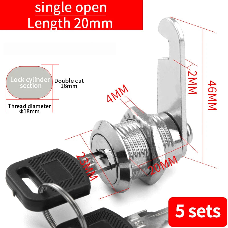 5/20SETS Metal Cylinder Cabinet Security Locker Cam Lock With 2 Keys Same Key Different Key Security Mailbox Lock Drawer 16mm