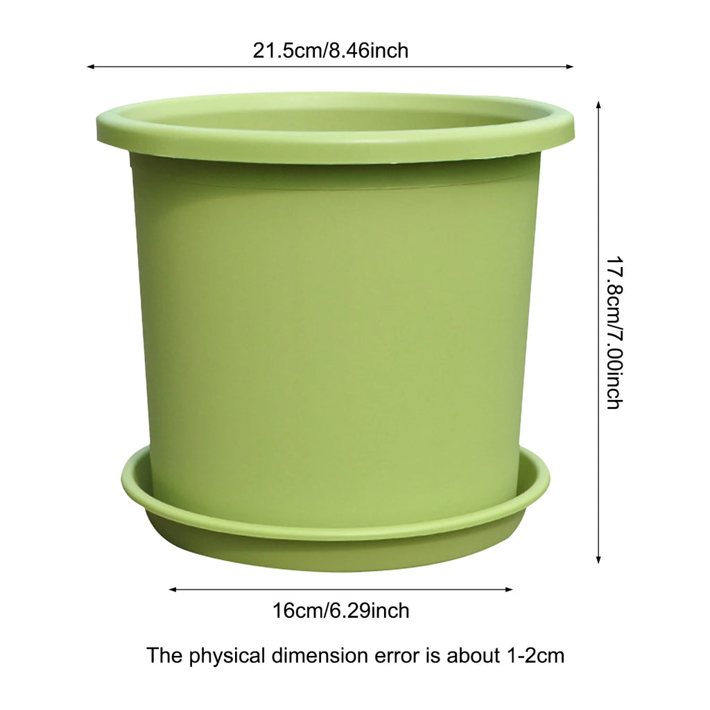 Dimension diagram for green thick plastic self-watering flowerpot: 21.5cm x 17.8cm