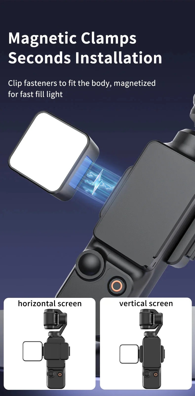 Small square LED magnetic fill light attaching to a handheld camera gimbal for horizontal or vertical shooting.