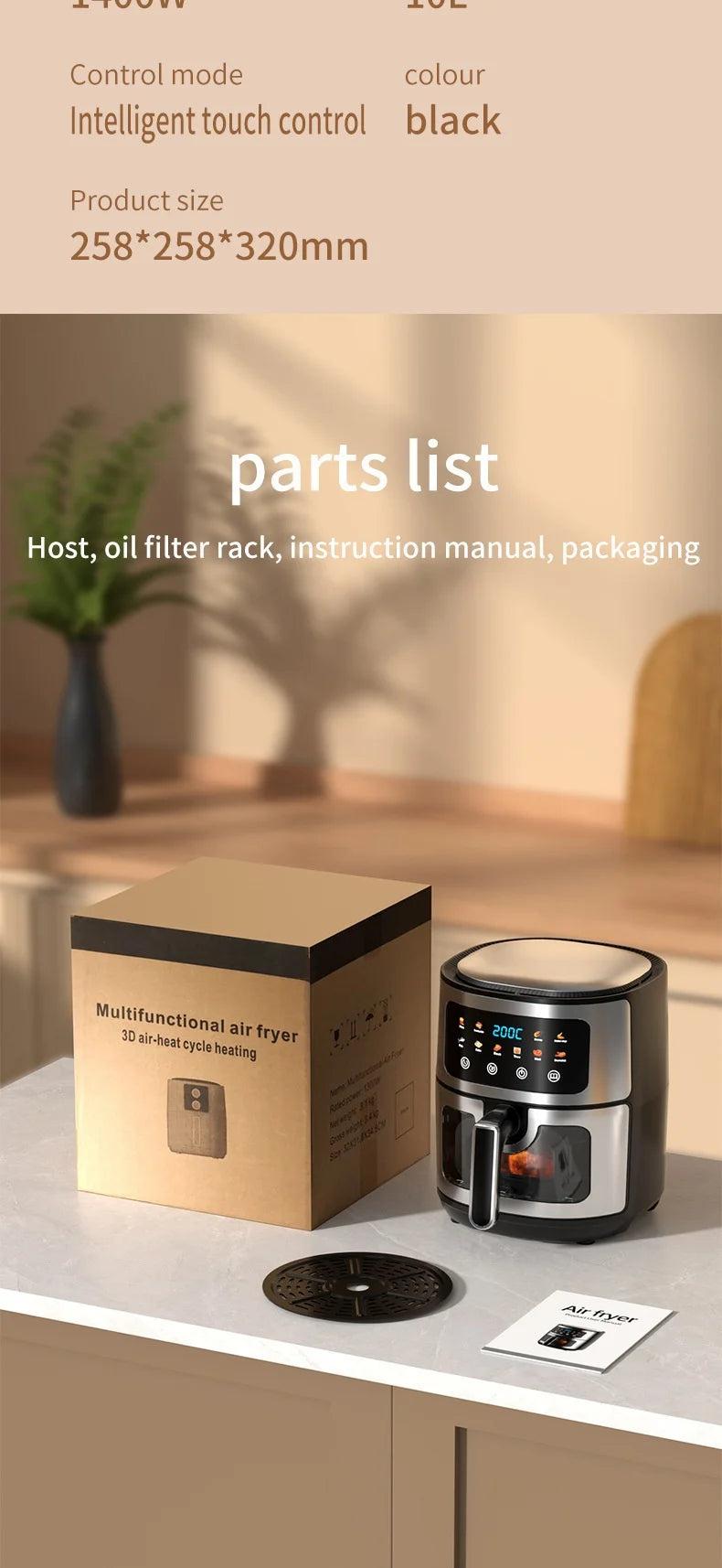 Wholesale 10L Black Air Fryer Fast Healthy Oil-Free,Visual Window ,Make Snacks, Pastries, and Finger Foods,Household Party Use