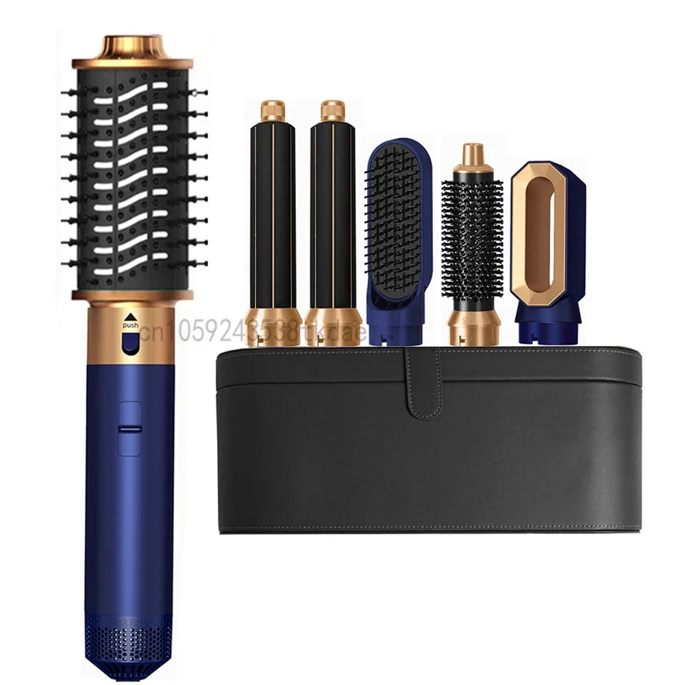 6-in-1 navy blue and gold hair dryer brush set with styling attachments and storage case for professional salon looks.
