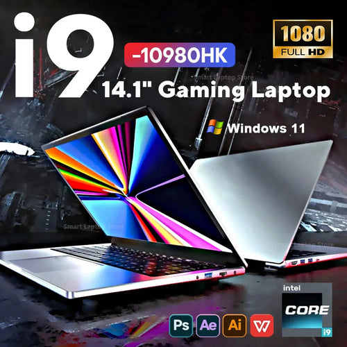 Silver 14.1-inch gaming laptop with slim bezels, a backlit keyboard, and visible side ports on a dark background.