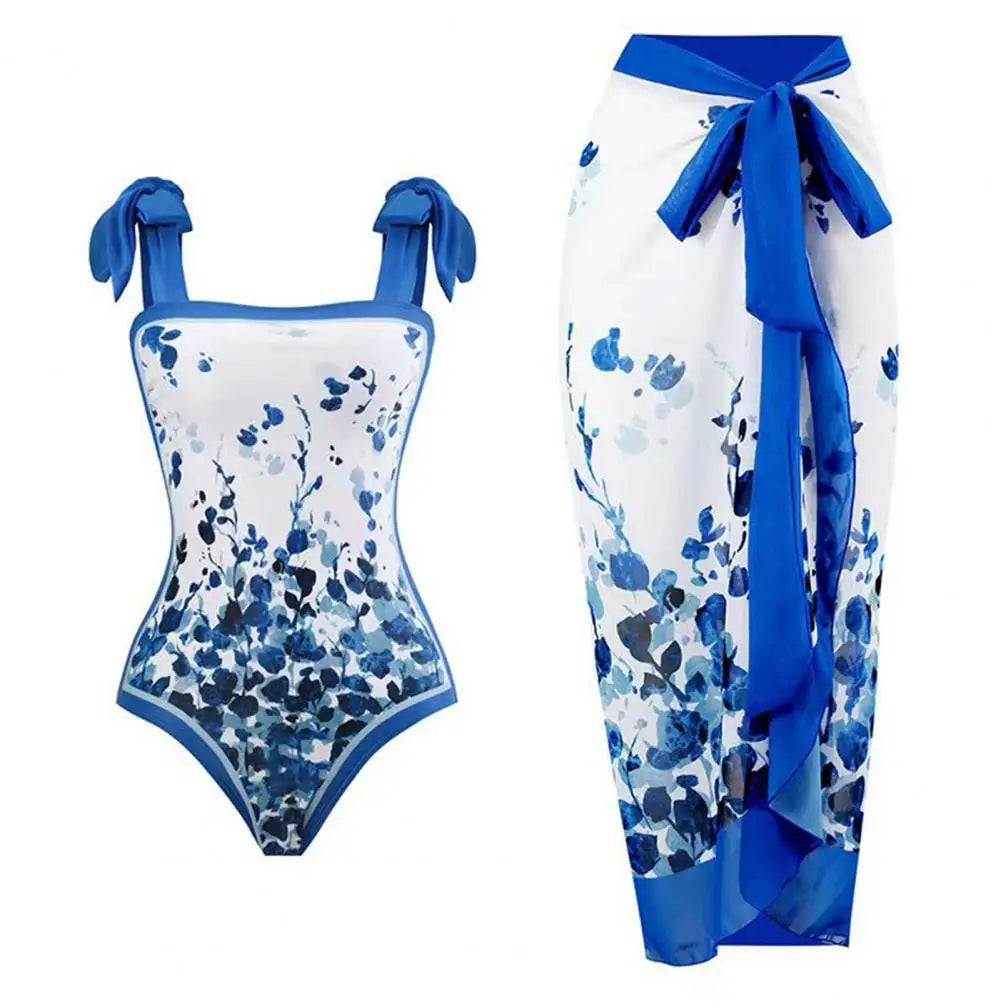 2Pcs/Set Women Monokini Suit Vintage Print One-Piece Square Neck Tie Swimsuit With Skirt Sling Lady Swimsuit With Beach Cover Up
