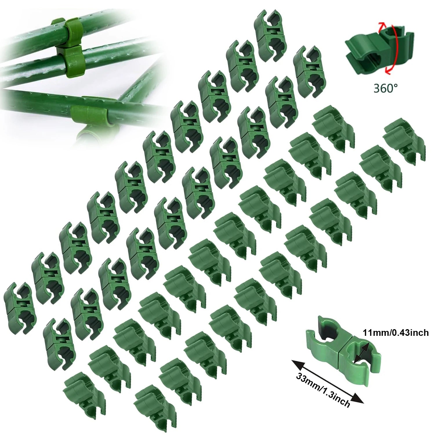 Green plastic plant clips fastening set, adjustable cross clips with 360° rotation feature
