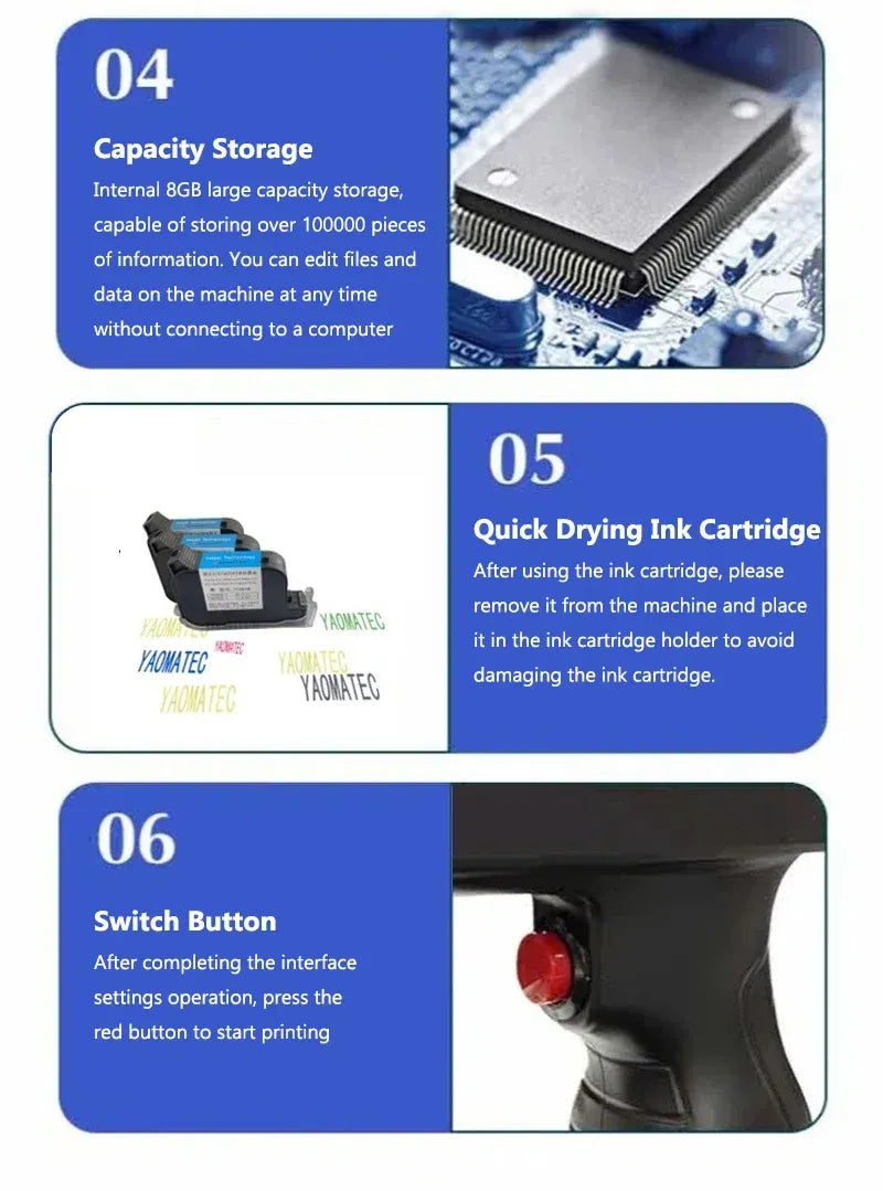 Handheld inkjet printer feature diagram: high-capacity battery, ink cartridge, power switch