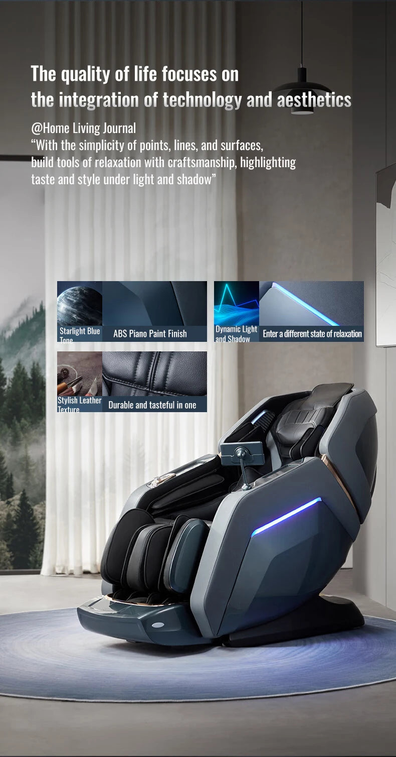 Starlight blue 4D massage chair with sleek ABS piano finish, black leather interior, and integrated LED side lighting.