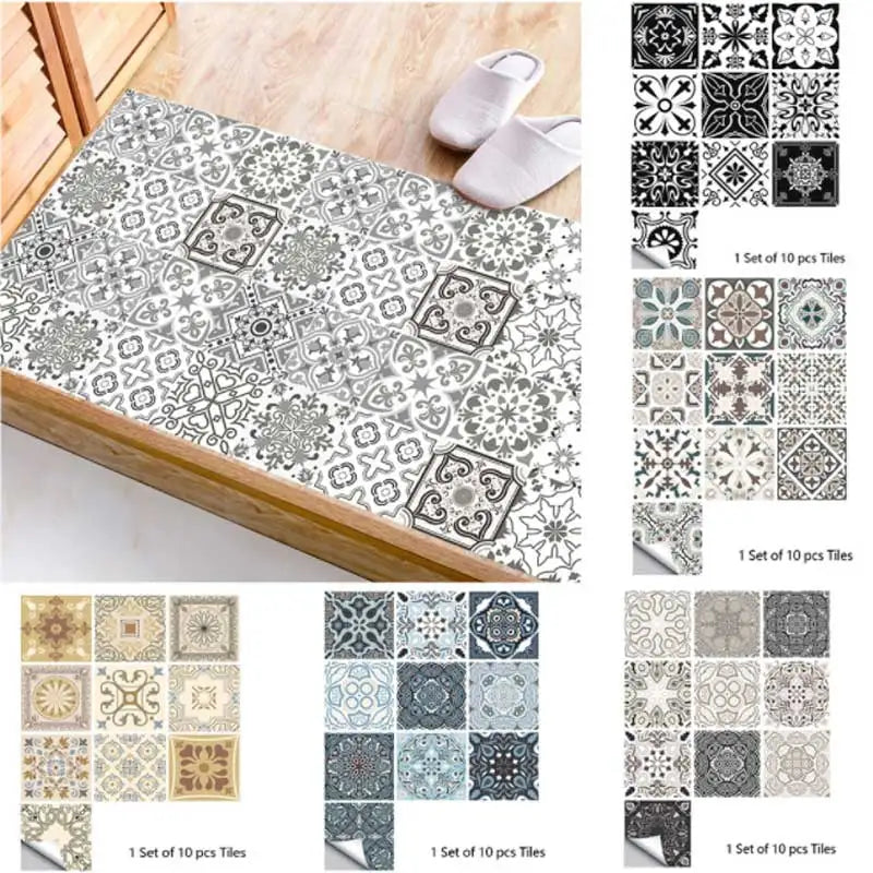 Self-adhesive mosaic tile sticker set display, gray and white Moroccan tile squares
