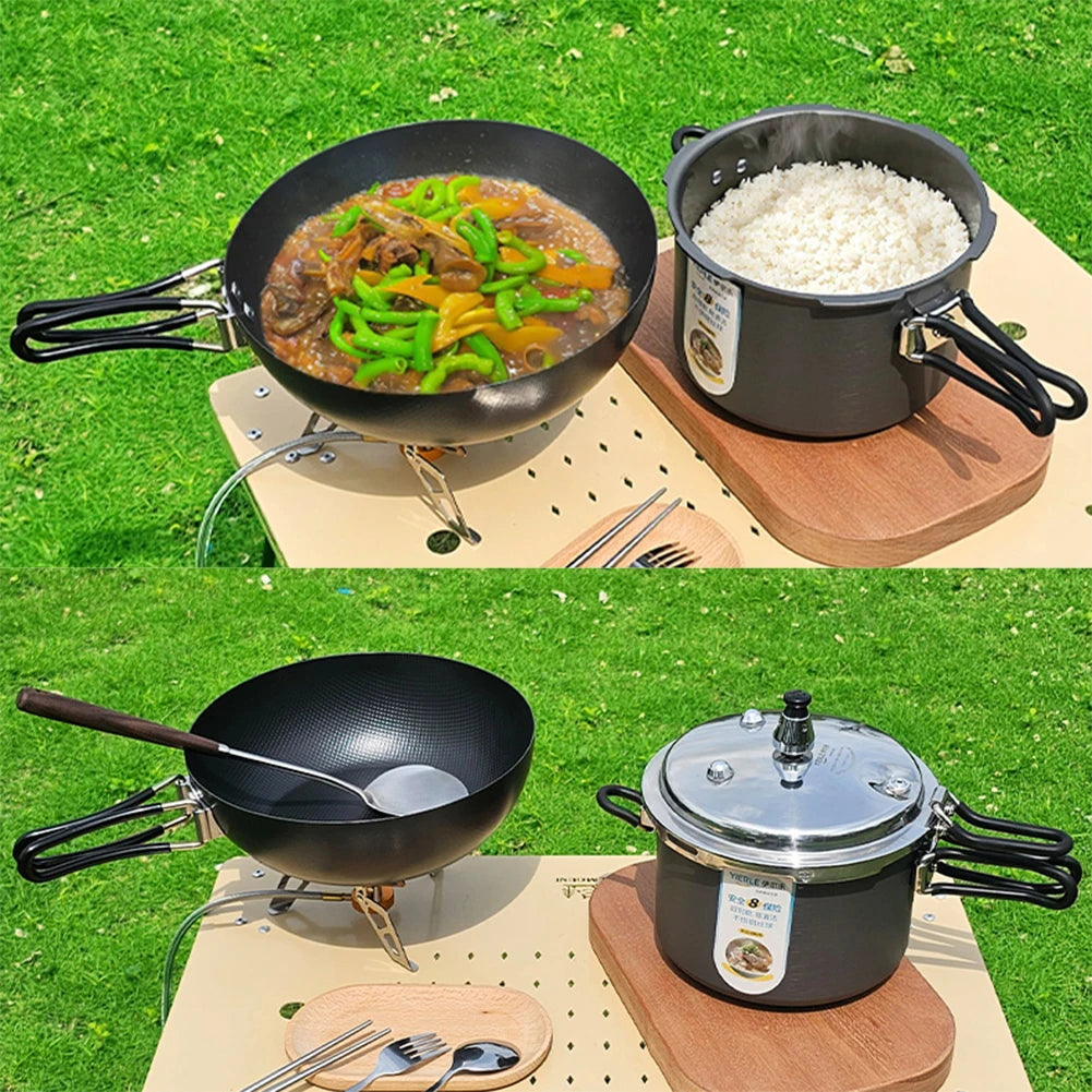 Pressure cooker meal on outdoor table with lid, plus skillet on the same setup
