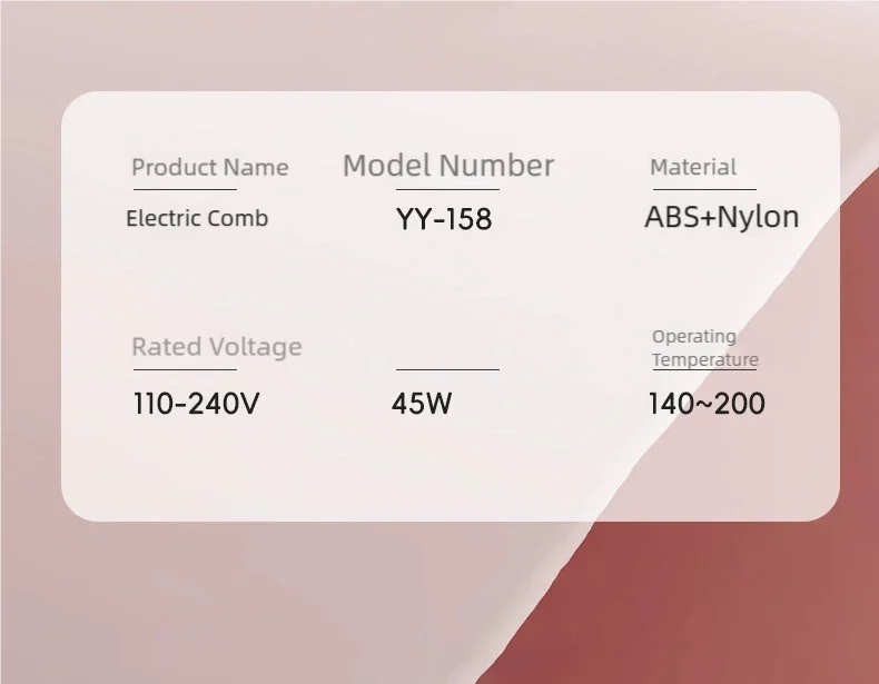 TINSOL negative ion hot air brush specs: YY-158 electric hair styling comb with adjustable 140-200°C temp range.