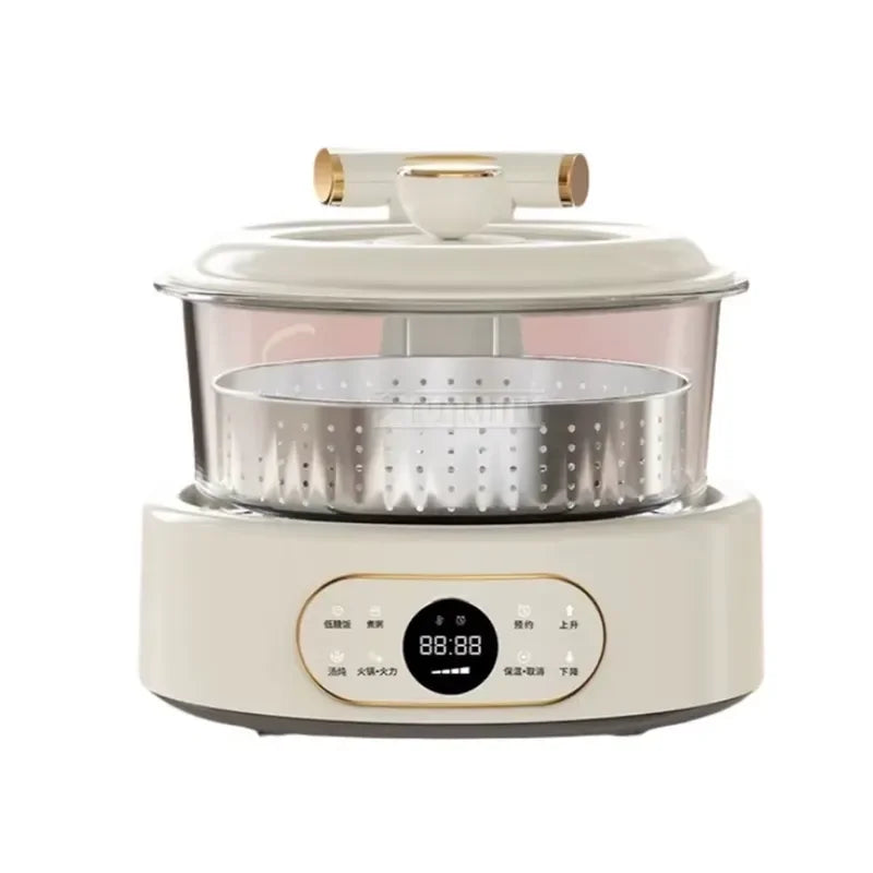 White automatic multi-cooker with stainless steamer basket and glass lid on base