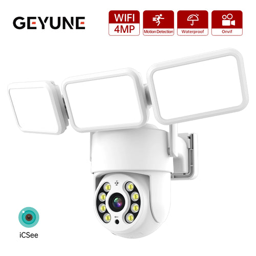 GEYUND PTZ floodlight security camera with four white light panels and AI lens