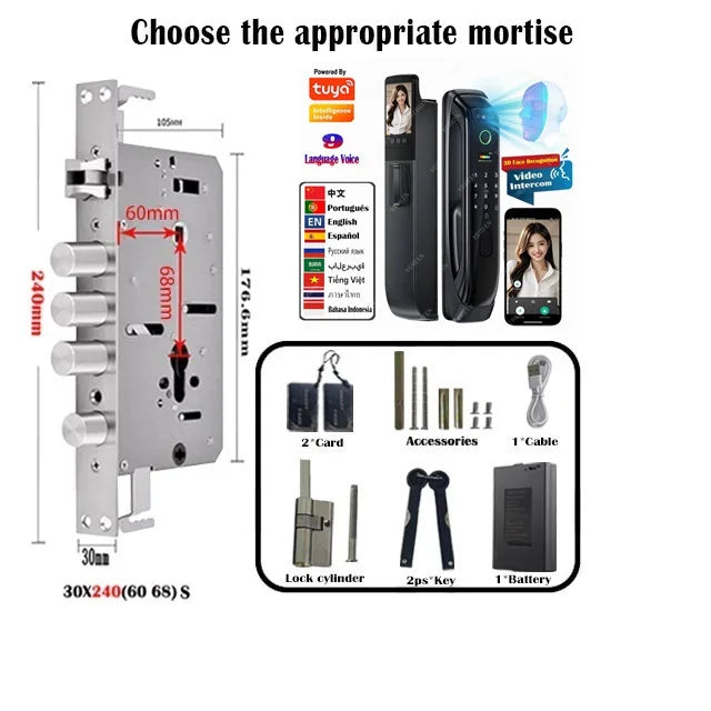 6068,5572,6072,6085 Mortise Lock Tuya Wifi App Camera Smart Digital Lock With Fingerprint Face Key Card Rfid